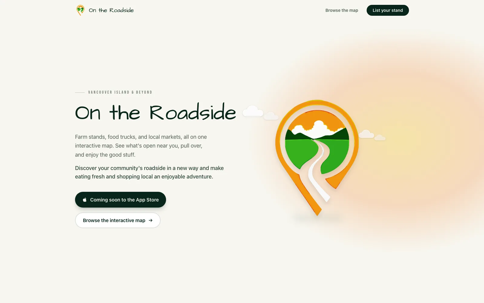 The On the Roadside landing page: the name beside a map pin with a road running through green fields