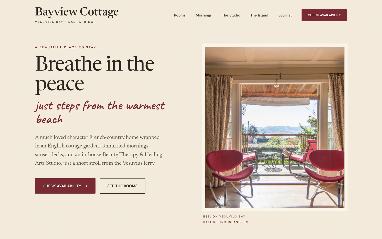 Bayview Cottages website on desktop