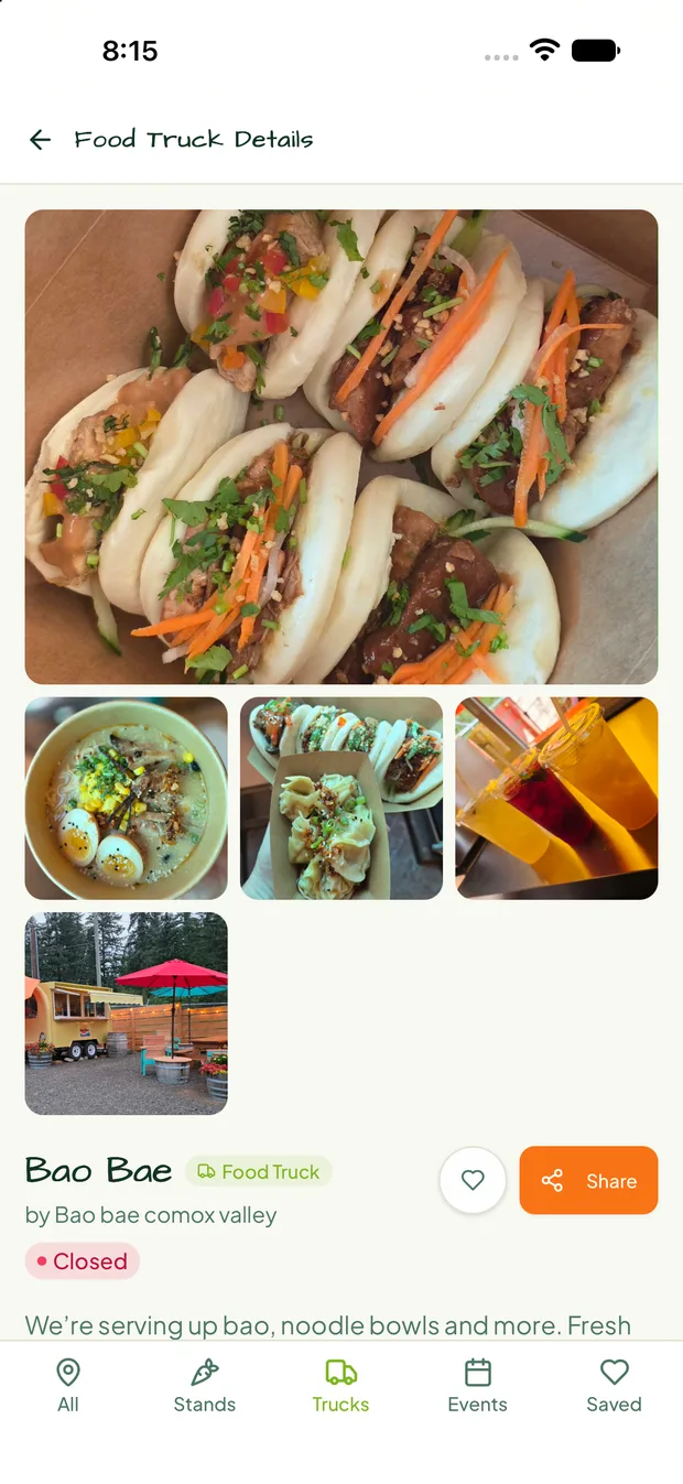 A food truck's page with its photo gallery and open or closed status