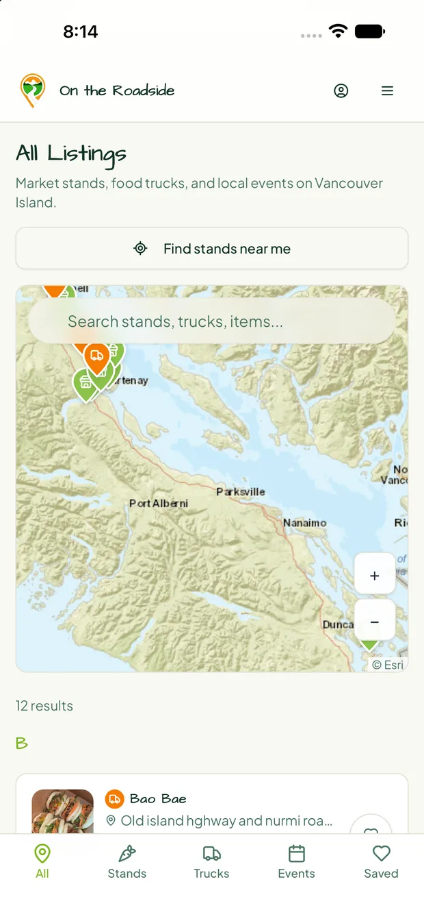 The All Listings screen: a map of Vancouver Island with stand and truck pins, and a Find stands near me button