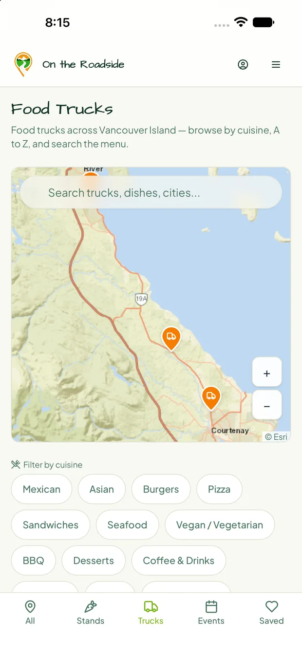 The Food Trucks tab with cuisine filters
