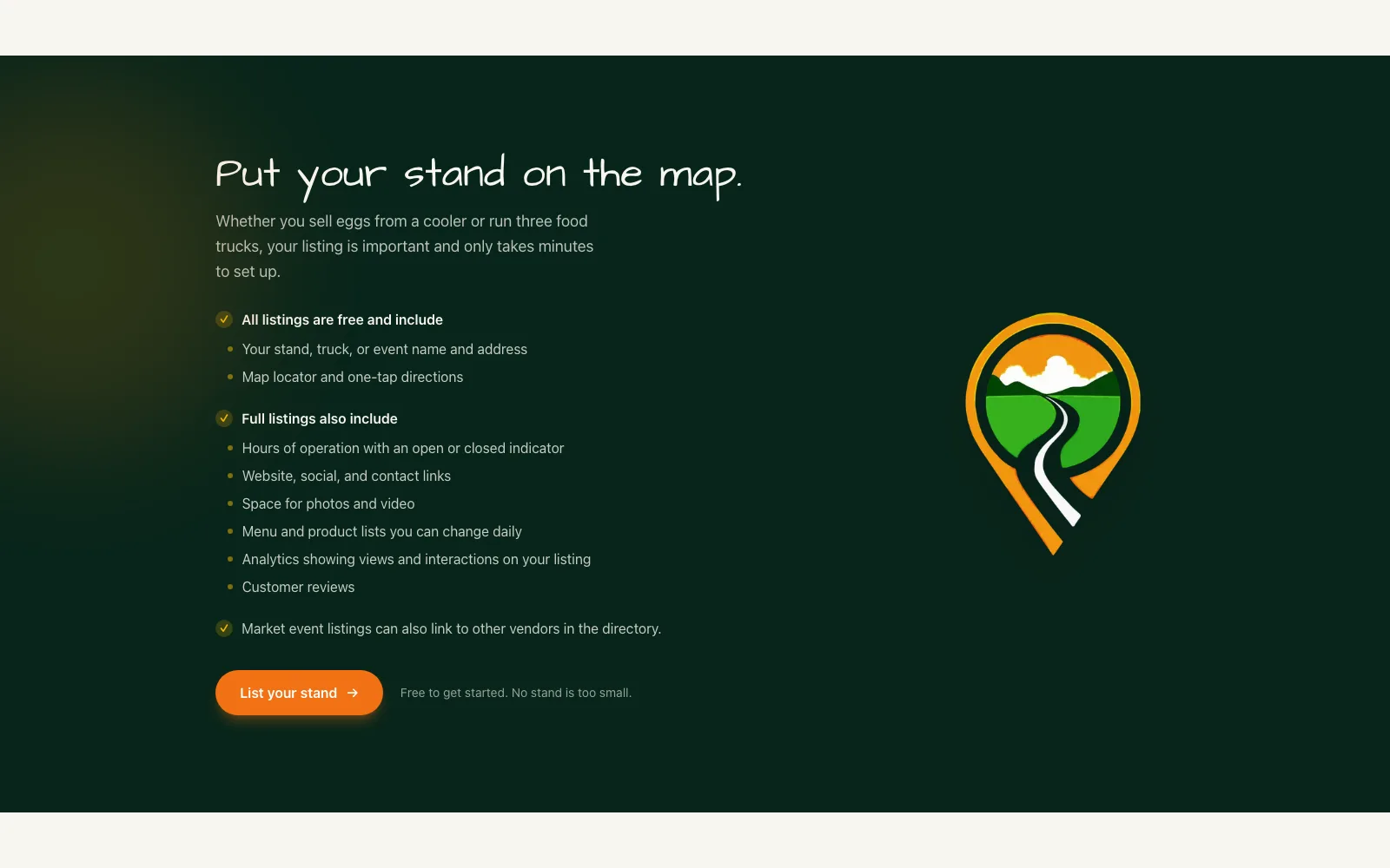The landing page's vendor section: what a free listing and a full listing include, with a List your stand button