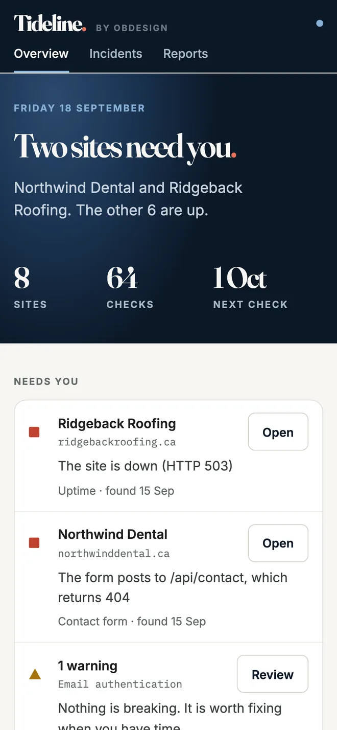 The Tideline dashboard on a phone: Two sites need you, then the two problems and one warning