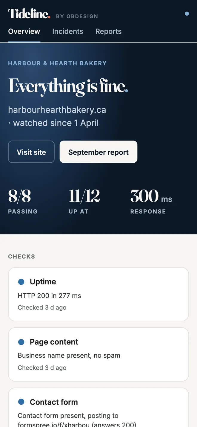 A healthy site page on a phone: Everything is fine, with 8 of 8 checks passing