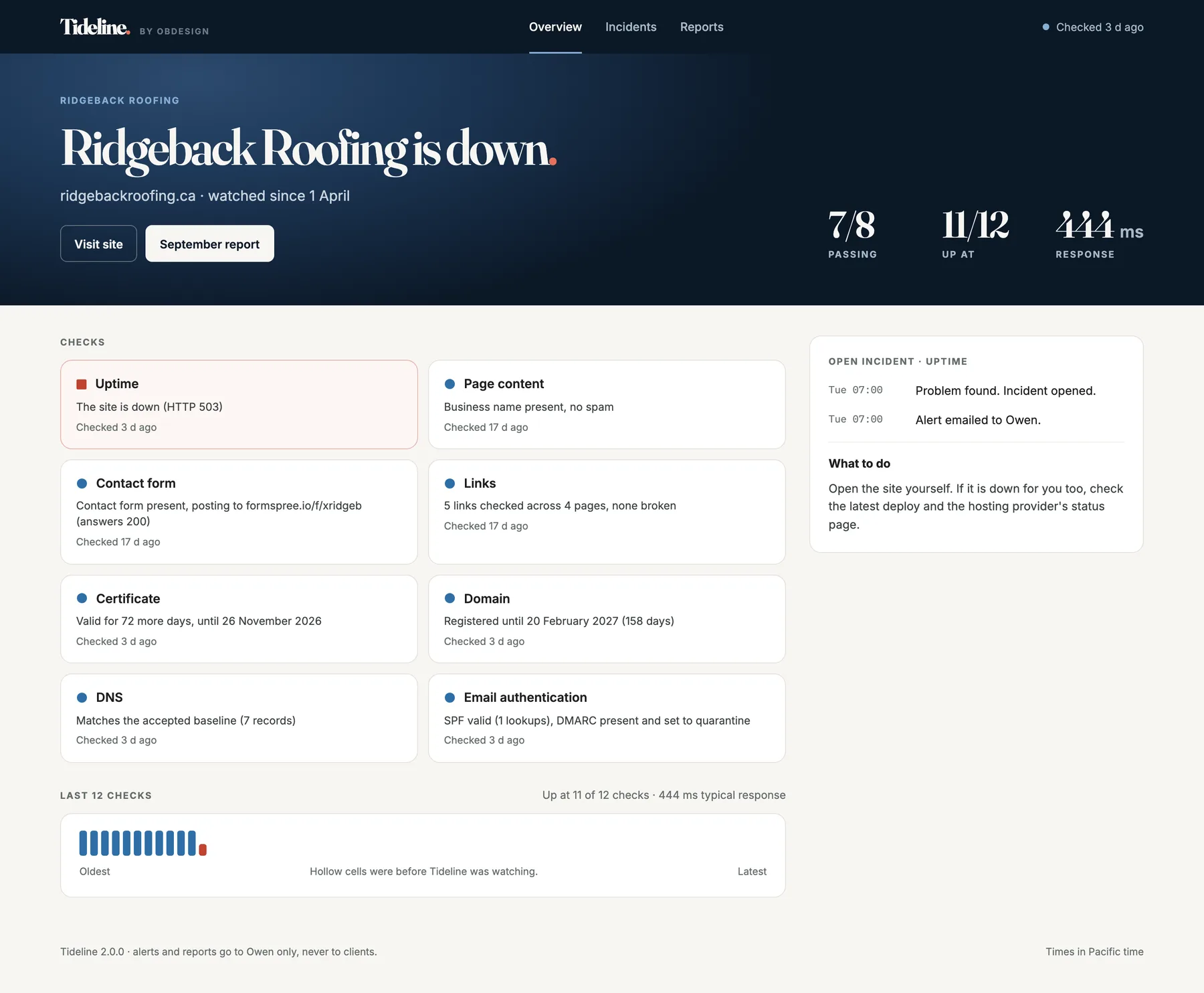 A site that is down in the Tideline demo: all eight checks as cards, the open incident, and what to do about it