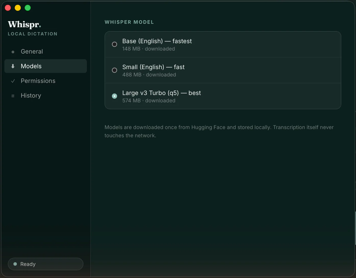 The models tab, with three Whisper models listed by size and one selected