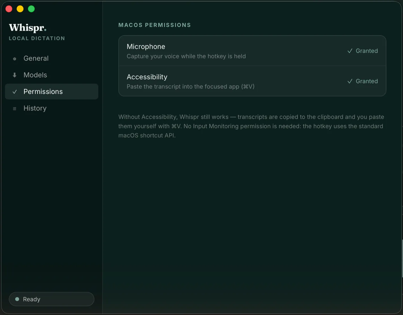 Whispr's own permissions tab, showing microphone and accessibility both granted